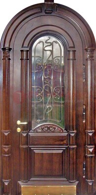 Арочная металлическая дверь массив со стеклом и ковкой ДА-50 в Сургуте