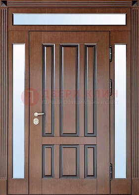 Железная дверь со стеклом и фрамугами в коричневом цвете ДФГ-8 в Сургуте