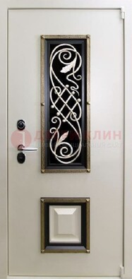 Белая стальная дверь с ковкой со стеклопакетом и МДФ ДК-30 в Сургуте