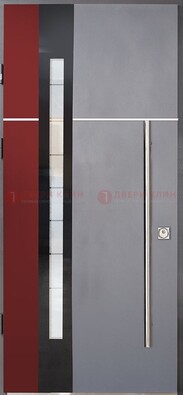Серая входная дверь с порошковым окрасом и красной вставкой ДП-175 в Сургуте