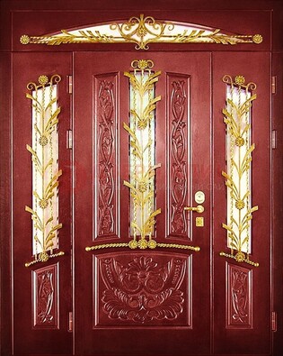 Бордовая железная парадная дверь со стеклом и ковкой ДПР-75 в Мурманске