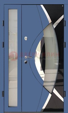 Синяя металлическая дверь со стеклом и узором ДС-13 в Сургуте