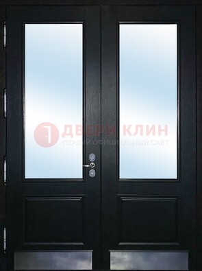 Черная двухстворчатая металлическая дверь со стеклом ДС-25 в Сургуте