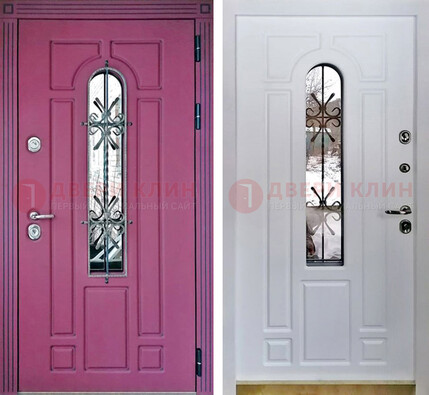 Розовая металлическая дверь со стеклом и ковкой ДСК-151 в Сургуте