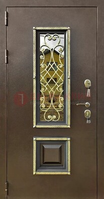 Входная дверь порошок со стеклом и ковкой для коттеджа ДСК-166 в Сургуте