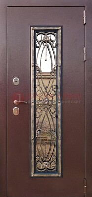 Коричневая стальная дверь порошок со стеклом и ковкой для дома ДСК-169 в Сургуте