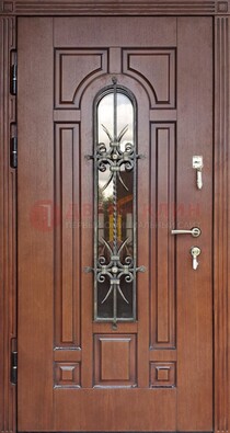 Входная дверь со стеклом и ковкой для частного дома ДСК-188 в Сургуте
