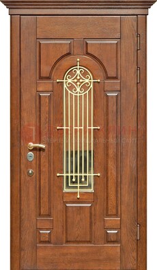 Коричневая железная дверь винорит со стеклом и ковкой ДСК-189 в Сургуте