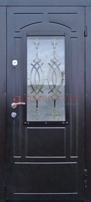 Черная уличная дверь Винорит со стеклом и ковкой ДСК-259 в Домодедово