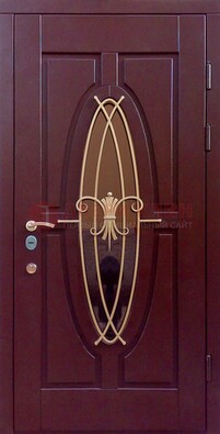 Бордовая стальная дверь Винорит со стеклом и ковкой ДСК-263 в Сургуте