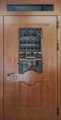 Металлическая входная дверь со стеклом и ковкой для дома ДСК-96 в Сургуте