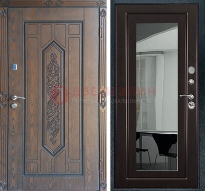 Уличная коричневая дверь c виноритом и МДФ Венге с зеркалом ДЗ-116 в Сургуте