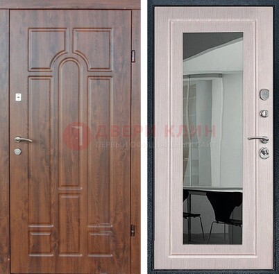 Входная коричневая дверь с МДФ Белый дуб и зеркалом ДЗ-126 в Сургуте