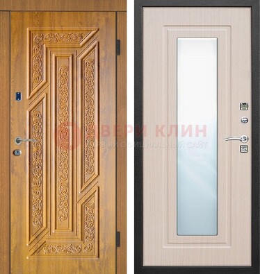 Коричневая железная дверь с зеркалом МДФ Белый дуб ДЗ-128 в Сургуте