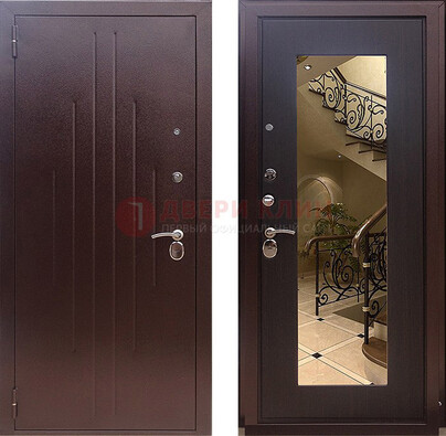 Бордовая металлическая дверь с зеркалом МДФ внутри ДЗ-17 в Сургуте