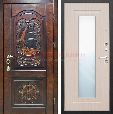 Темная уличная дверь с резьбой и зеркалом внутри ДЗ-49 в Сургуте