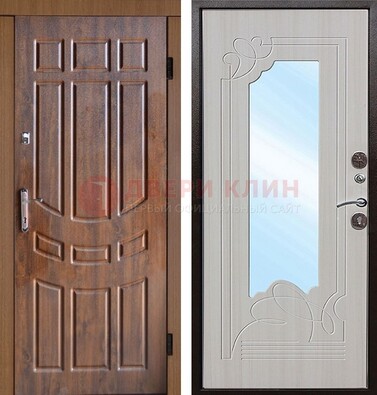 Коричневая уличная дверь c виноритом и терморазрывом МДФ Беленый дуб  с зеркалом ДЗ-97 в Сургуте