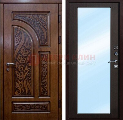 Коричневая входная дверь c узором и виноритом МДФ с зеркалом ДЗ-98 в Сургуте